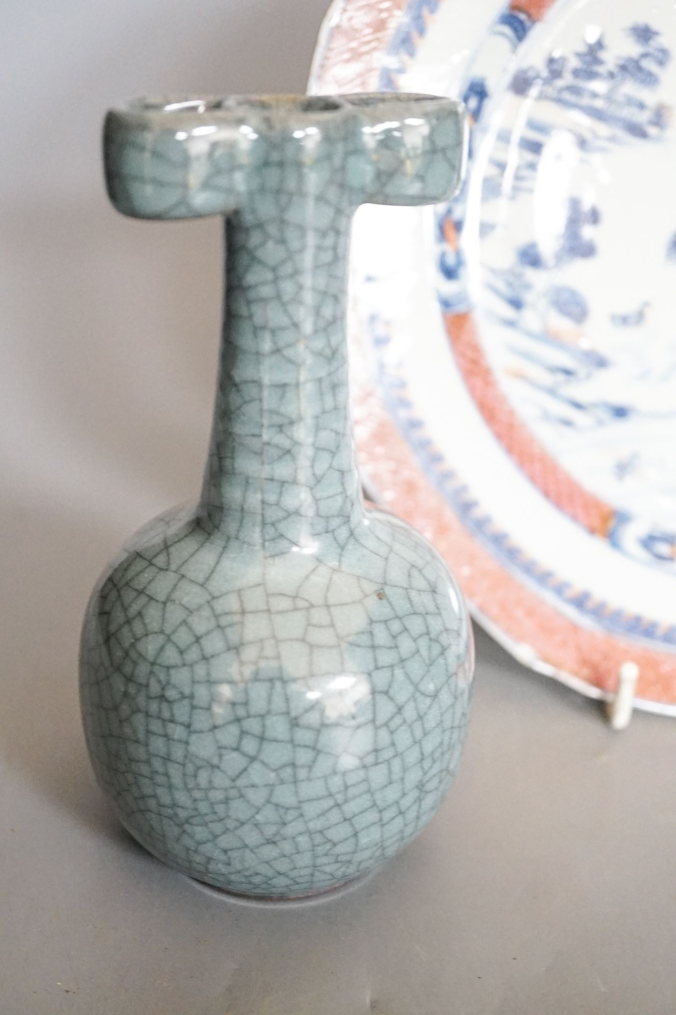 An 18th-century Chinese famille rose small vase, a similar octagonal plate, a 19th-century Cantonese dish and a crackle glaze arrow vase, tallest 15cm